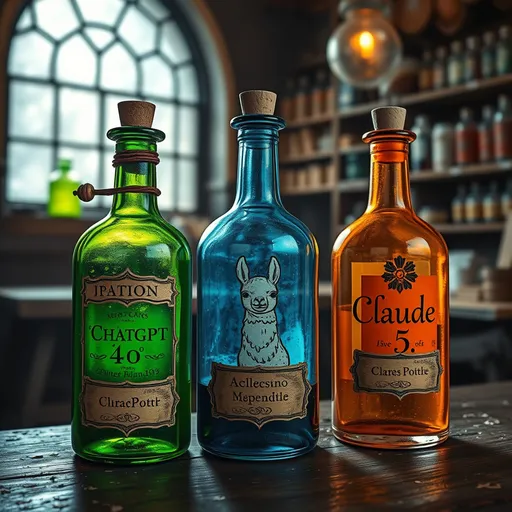 Prompt: Fantasy art of three antique glass bottle magic potions in an old abandoned cafe shop: the first one is green with the label "ChatGPT 4o", the second one is blue with the label "Llama 3", the third one is orange with the label "Claude 3.5".