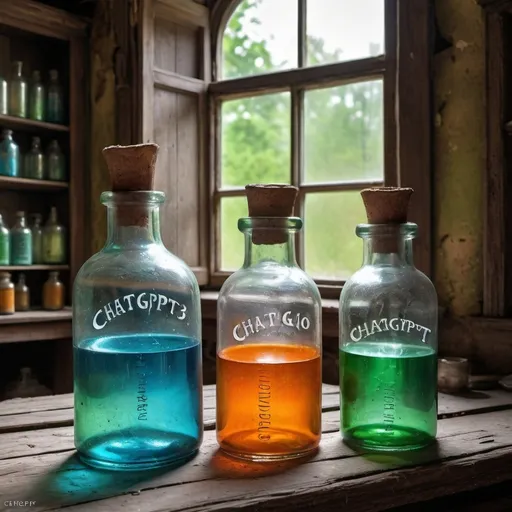 Prompt: Fantasy art of three antique glass bottle magic potions in an old abandoned cafe shop: the first one is green with the label "ChatGPT 4o", the second one is blue with the label "Llama 3", the third one is orange with the label "Claude 3.5".