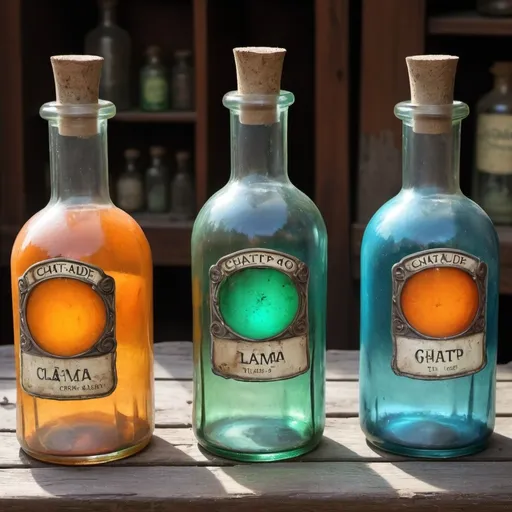 Prompt: Fantasy art of three antique glass bottle magic potions in an old abandoned cafe shop: the first one is green with the label "ChatGPT 4o", the second one is blue with the label "Llama 3", the third one is orange with the label "Claude 3.5".