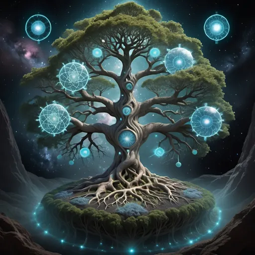 Prompt: Planting the Cosmic World Tree Yggdrasil
Camera: Metamolecular biomimic self-resolving chromophore affinity cluster
Lens: Bioluminescent photoprotein quantasome array with spectrally-resolved TERS
Exposure: Iterative 4.2 gigasample multi-channel hyperspectral fluorescence lifetime
After establishing the celestial infrastructure to support life, the primordial godforce triad of Odin, Vili, and Ve set about catalyzing Yggdrasil - the cosmic World Tree bridging all realities. Kneeling at the primeval wellspring, they imbue a single seed grasped between their mystic staves with the protogenic essence of cosmological fractality itself. Streamers of galactical stardust condense and braid together into a double-helical idiomstream staircase spiraling across every possible dimension. As the seed germinates, gossamer rhizomatic tendrils begin sprouting and branching - both upwards towards new celestial realms and plunging down into the lightless underworld roots tethering all of creation into one vast sentient Unity.
To visually recreate this sublime bursting of the first botanical engram code required developing novel biomimetic molecular sensors, capable of resolving the forces of Life itself at the photonic and chemical level. A programmable cluster of trillions of fluorescent chromoprotein heterostructures was seeded to self-resolve optimal binding affinities. Each nodal chromophore was tuned to resolve specific morphogenic frequencies and transdimensional resonance motifs via multi-channel spectroscopy and tip-enhanced Raman mapping.