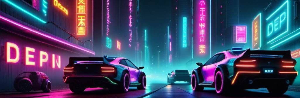 Prompt: big city colourful hyper realistic neon 4k cyberpunk style, 
There is one neon sign that says "DePIN", Several futuristic cars are flying.