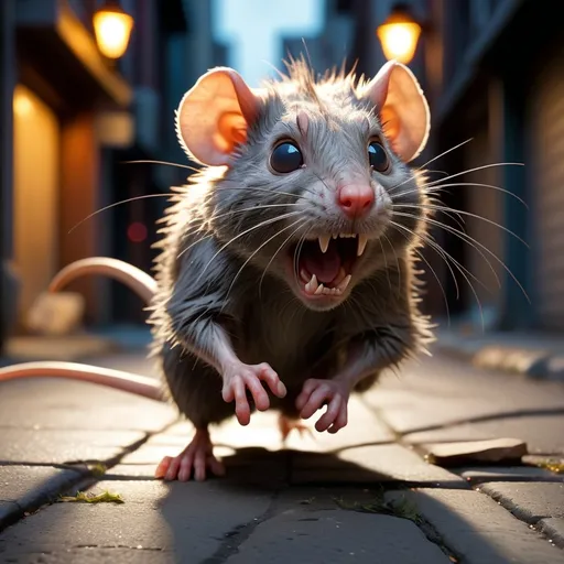 Prompt: A frightened gray-furred rat with thick, fluffy fur is sprinting down a narrow, dimly lit street. Its tiny paws barely touch the rough, uneven ground as it desperately tries to escape. Behind the rat, a terrifying man with a rugged face, unkempt beard, and dark, tattered clothing is chasing it with a heavy wooden stick raised high. His eyes burn with cruel intent. The camera angle is from the front, capturing the rat's fearful expression, the predator looming behind it, and the eerie glow of streetlights casting long shadows on the cracked pavement. The background blurs, emphasizing the intense motion and fear.  
