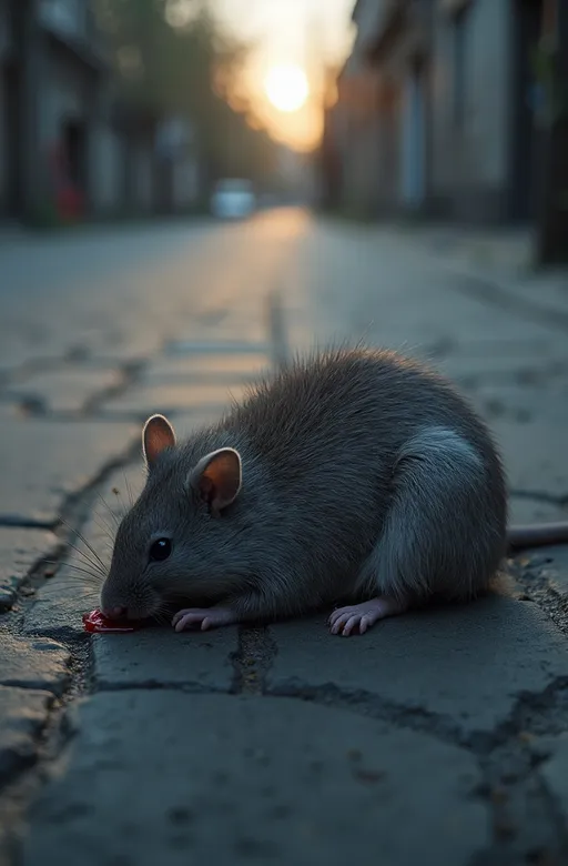 Prompt: The gray-furred rat now lies motionless on the rough street, its tiny body curled up, shivering slightly. Its thick, fluffy fur is dirtied and ruffled, and a small wound on its side oozes a faint trace of blood. The dim light from the setting sun casts long shadows across the cracked pavement. The air is still, heavy with an unsettling silence. The street, once filled with movement, now feels eerily empty, as if holding its breath for what comes next.  
