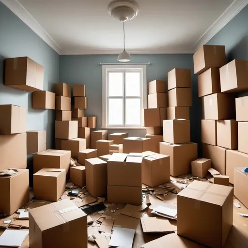 Prompt: A room depicting a boxes and a mess created by moving with a perception that is uncovering problems but through only a small lens leaving the wider picture unseen