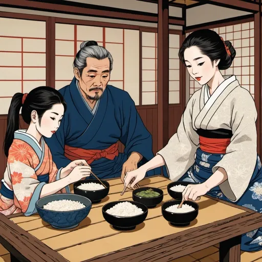 Prompt: make a ukiyo-e father and mother with a white asian girl with vietnamese looking parents eat rice at a wooden table used of logs