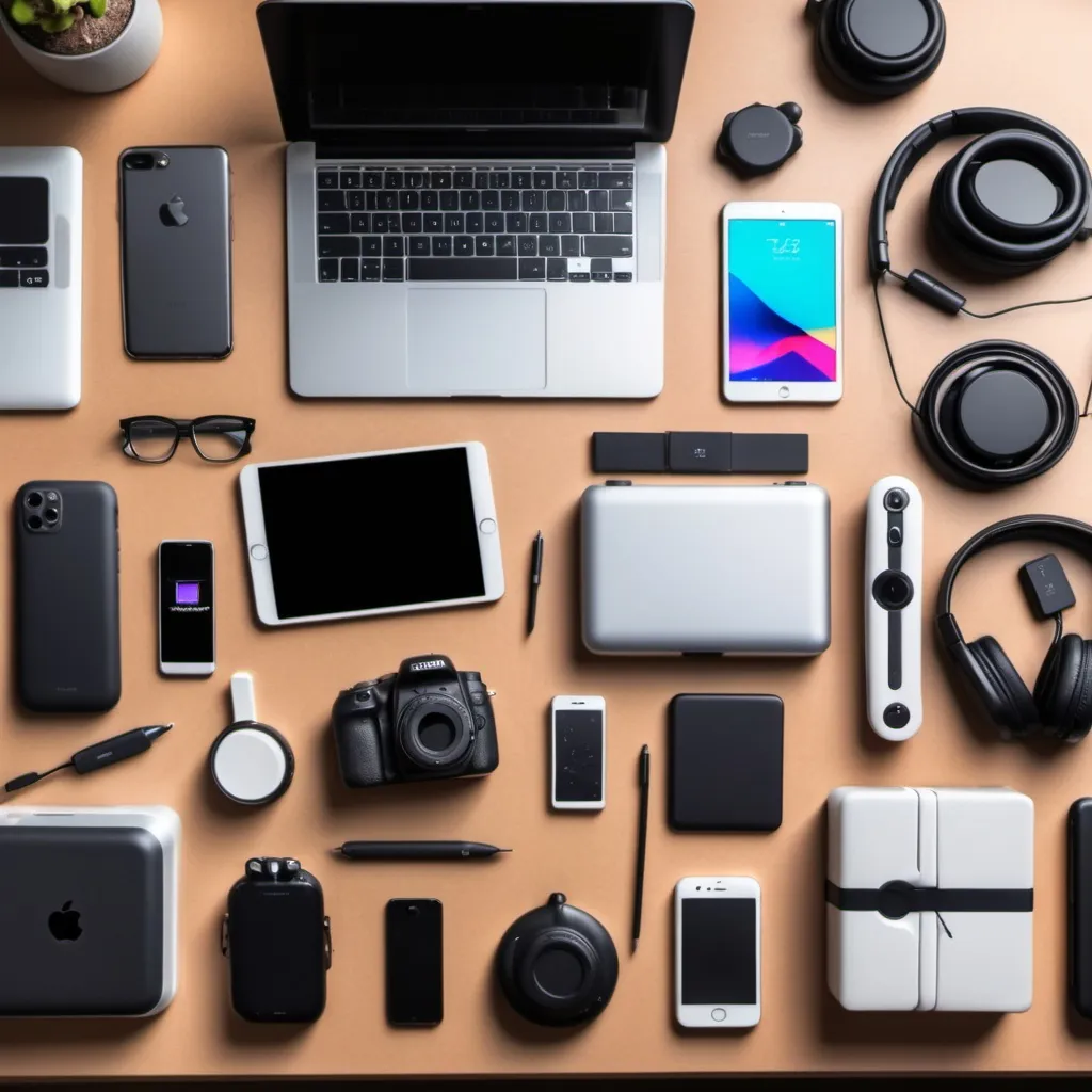 Prompt: Give me a picture of some special and best-selling gadgets in the world on the table