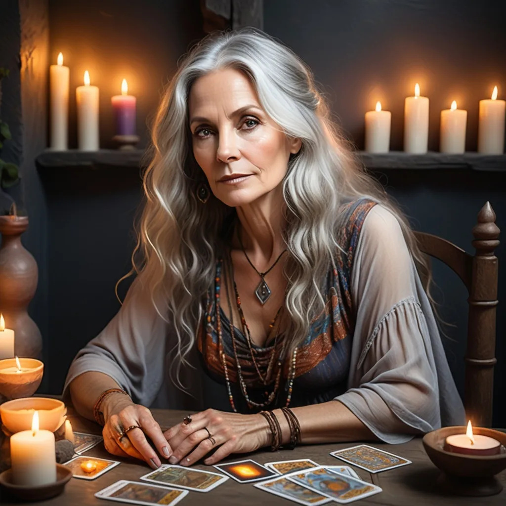 Prompt: The woman is 50 years old. She is beautiful. There are light lines on her face. She has long, wavy, gray hair. She is wearing a bohemian style dress. The woman is sitting at a table. Tarot cards are laid out in front of her. There are burning candles and spiritual stones on the table. The background is calm and mystical, there is soft lighting. The woman's hair is down. It focuses on the cards and creates a calm, spiritual atmosphere. The woman has rings with natural stones on her fingers. The woman is a beautiful woman.