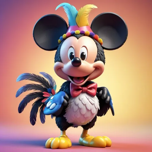Prompt: Mickey Mouse themed chicken with large mouse ears, vibrant and playful colors, cartoonish style, 3D rendering, detailed feathers and fur, high quality, fun and cheerful, bright tones, dynamic lighting, cute and whimsical, Disney, cartoon, vibrant colors, detailed 3D rendering