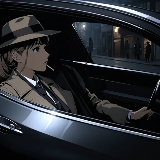 Prompt: Interior medium shot.
(private investigator) female character seated in the driver’s side of the car, (wearing a fedora hat, white stained shirt, pants and trenchcoat, cigarette in the corner of mouth, intently focussed expression) watching a suspect, rich textures and shadows, high-definition clarity, mysterious ambiance, nighttime setting, moody lighting creating an intriguing atmosphere, ultra-detailed, quiet city street scene encapsulating a sense of crime drama and intrigue.