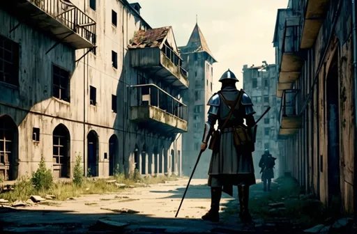 Prompt: Long shot.
City Guards standing outside the walls of a medieval-style city (made in and around abandoned inner city apartment blocks), searching travellers who eish to enter the city, a post-apocalyptic medieval society, high-quality, HD quality, cinematic composition.