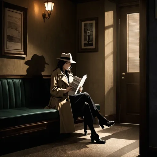 Prompt: (private investigator) female character seated in a cheap hotel foyer, (wearing a fedora hat and trenchcoat), cigarette dangling from the corner of her mouth, (bored expression) reading a newspaper, rich textures and shadows, high-definition clarity, mysterious ambiance, nighttime setting, deep and moody lighting creating an intriguing atmosphere, ultra-detailed craftsmanship, inviting yet solitary environment, encapsulating a sense of crime drama nostalgia and intrigue.