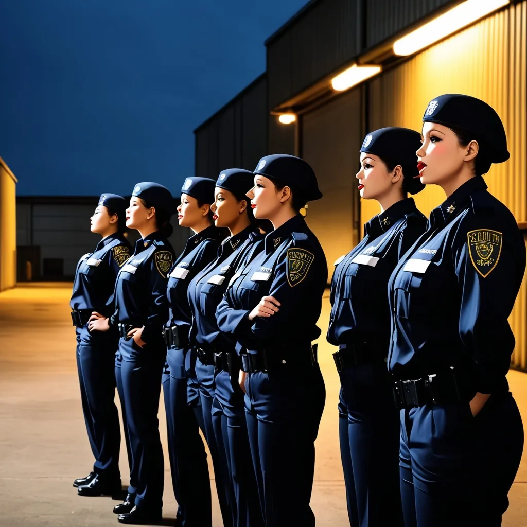 Prompt: Wide shot.
( several female security guards on a break), standing outside a warehouse, (with unlit cigarettes in their mouths - laughing), strong stance, confident expression, plain uniform, industrial setting, dim lights in the background, night tones highlighting her features,capturing the essence of female dominance. (HD, ultra-detailed) image. 