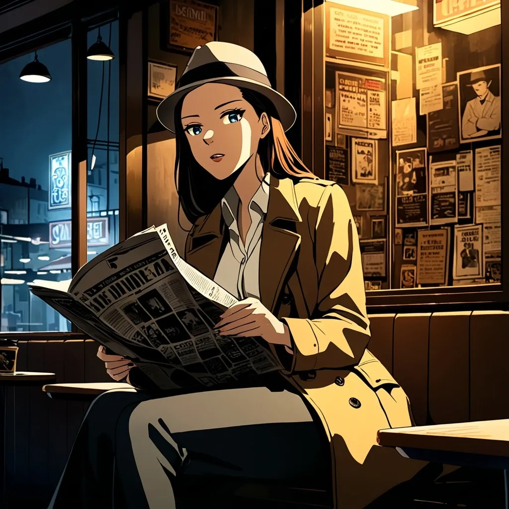 Prompt: Interior shot.
(private investigator) female character seated in a cheap coffee shop window seat, (wearing a fedora hat, white (stained) shirt, pants and trenchcoat), a cigarette dangling from the corner of her mouth, (bored expression) reading a newspaper, rich textures and shadows, high-definition clarity, mysterious ambiance, nighttime setting, deep and moody lighting creating an intriguing atmosphere, ultra-detailed craftsmanship, inviting yet solitary environment, encapsulating a sense of crime drama nostalgia and intrigue.