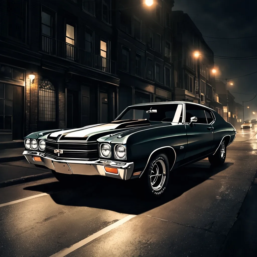 Prompt:  Interior shot.
Private investigator (female, cigarette in the corner of her mouth, wearing a fedora hat and a trenchcoat) driving her car (1970 Chevrolet Chevelle SS), dim indoor lighting,dark colors,best quality, ultra-detailed, night tones, quiet city nighttime scene, moody lighting