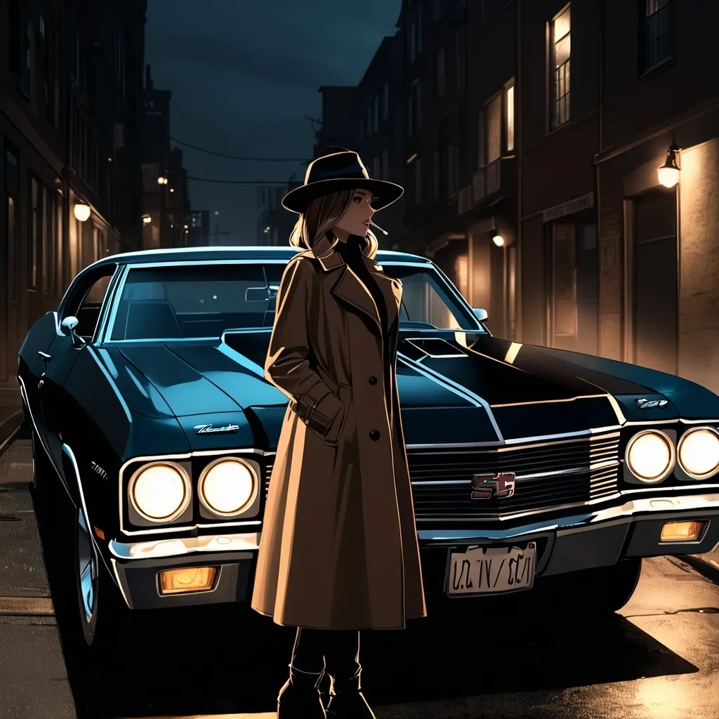 Prompt:  Pov shot.
Private investigator (female, cigarette in the corner of her mouth, wearing a fedora hat and a trenchcoat) driving her car (1970 Chevrolet Chevelle SS), dim indoor lighting,dark colors,best quality, ultra-detailed, night tones, quiet city nighttime scene, moody lighting