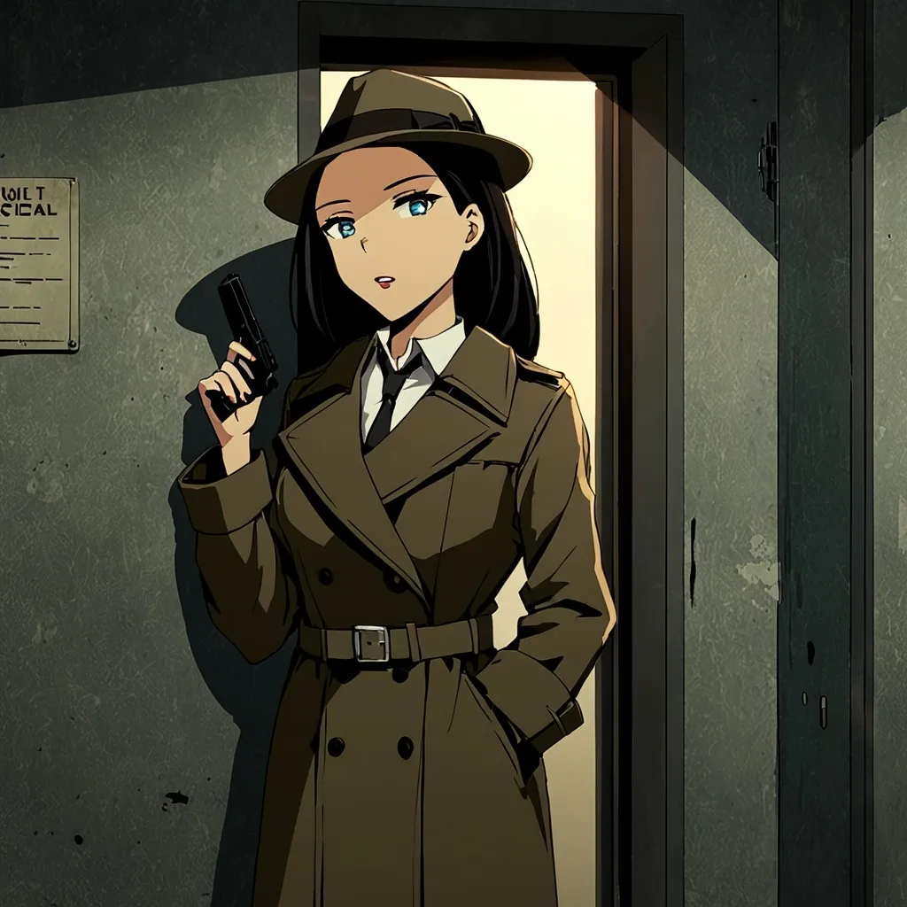 Prompt: Internal wide shot.
Private investigator (female, cigarette in the corner of her mouth, wearing a fedora hat and a trenchcoat, holding her (colt detective special) handgun) standing in the hallway outside her own office door (in an old dilapidated office building), she has a suspicious expression, dim indoor lighting,dark colors,best quality, ultra-detailed, night tones, quiet city nighttime scene, moody lighting