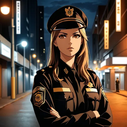 Prompt: Long shot.
(female security guard), standing outside, (lighting a cigarette), strong stance, confident expression, modern uniform, urban setting,  street lights in the background, warm tones highlighting her features, night ambiance, gritty yet determined mood, (HD, ultra-detailed) image, capturing the essence of female and dominant.