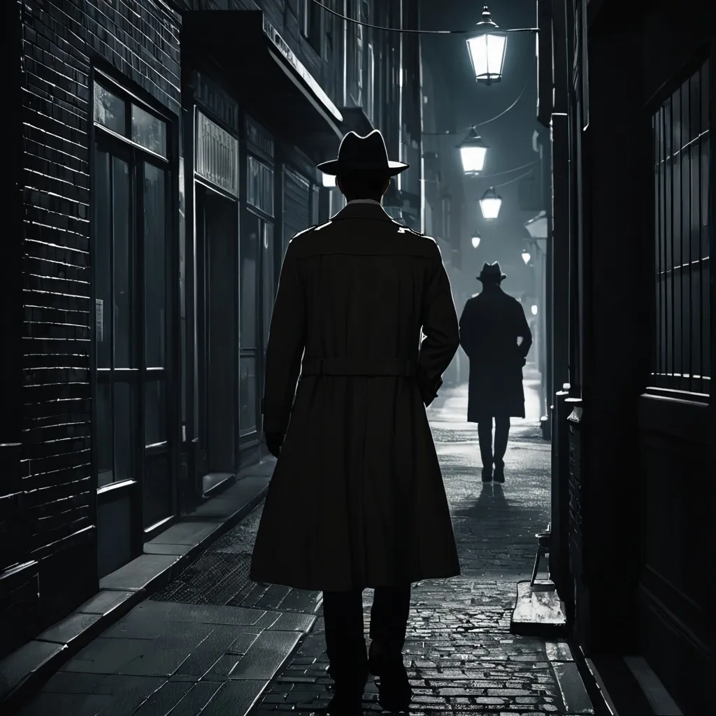 Prompt: From behind shot.
Private investigator, (femake, wearing a fedora hat, white stained shirt, pants and trenchcoat, cigarette in the corner of mouth, intently focussed expression) pursuing a suspect on foot, rich textures and shadows, high-definition clarity, mysterious ambiance, nighttime setting, moody lighting creating an intriguing atmosphere, ultra-detailed, quiet city street scene encapsulating a sense of crime drama and intrigue.