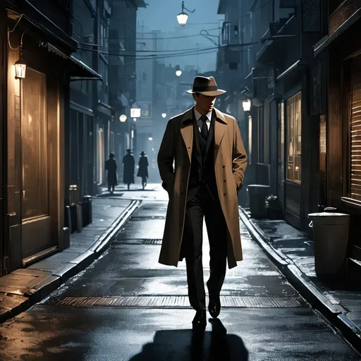 Prompt: Private investigator, (wearing a fedora hat, white stained shirt, pants and trenchcoat, cigarette in the corner of mouth, intently focussed expression) pursuing a suspect on foot, rich textures and shadows, high-definition clarity, mysterious ambiance, nighttime setting, moody lighting creating an intriguing atmosphere, ultra-detailed, quiet city street scene encapsulating a sense of crime drama and intrigue.