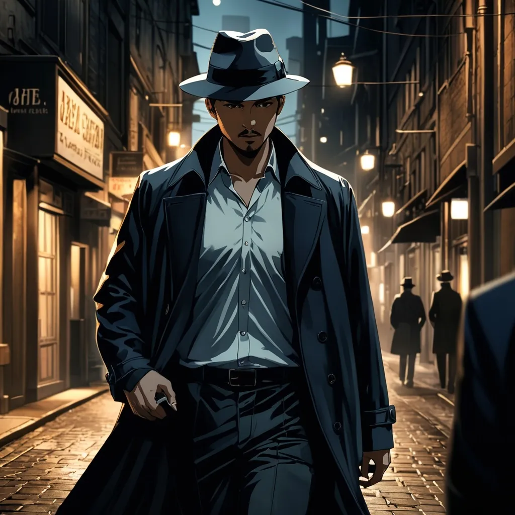 Prompt: Private investigator, (wearing a fedora hat, white stained shirt, pants and trenchcoat, cigarette in the corner of mouth, intently focussed expression) pursuing a suspect on foot, rich textures and shadows, high-definition clarity, mysterious ambiance, nighttime setting, moody lighting creating an intriguing atmosphere, ultra-detailed, quiet city street scene encapsulating a sense of crime drama and intrigue.