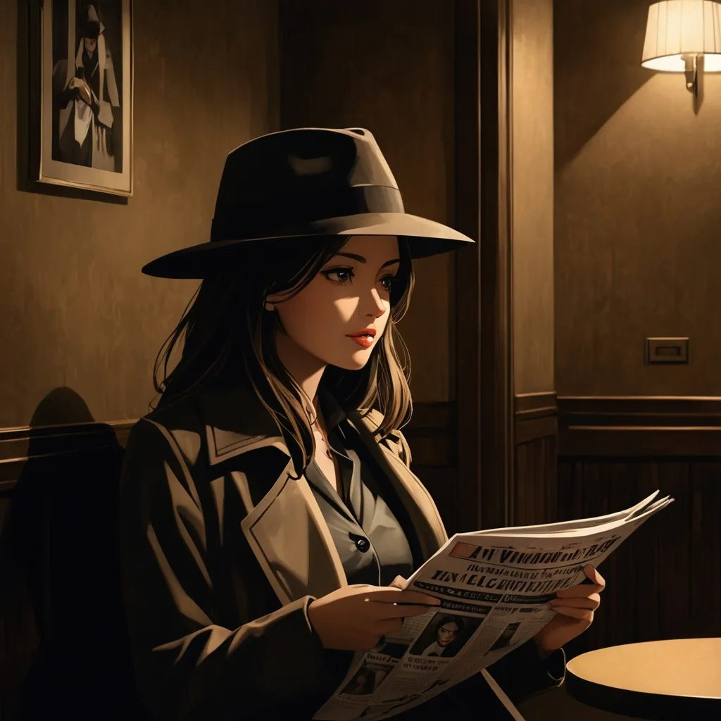 Prompt: (private investigator) female character seated in a cheap hotel foyer, (wearing a fedora hat and trenchcoat), cigarette dangling from the corner of her mouth, (bored expression) reading a newspaper, rich textures and shadows, high-definition clarity, mysterious ambiance, nighttime setting, deep and moody lighting creating an intriguing atmosphere, ultra-detailed craftsmanship, inviting yet solitary environment, encapsulating a sense of crime drama nostalgia and intrigue.