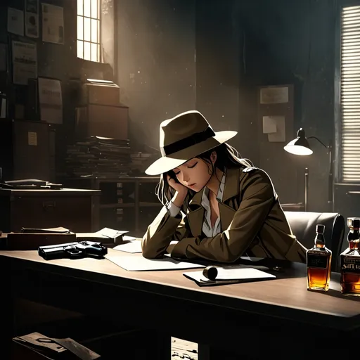 Prompt: (private investigator), (female) in a stylish fedora hat, wearing a yellow-white stained shirt, classic trenchcoat, and pants, sleeping with her head resting on her cluttered desk, handgun on the desk, empty whiskey bottle on the desk in a dilapidated office setting, moody atmospheric lighting with harsh shadows, evoking crime drama cinematic vibes, ultra-detailed textures, and dramatic tone illuminating the scene.