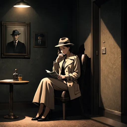 Prompt: (private investigator) female character seated in a cheap hotel foyer, (wearing a fedora hat and trenchcoat), cigarette dangling from the corner of her mouth, (bored expression) reading a newspaper, rich textures and shadows, high-definition clarity, mysterious ambiance, nighttime setting, deep and moody lighting creating an intriguing atmosphere, ultra-detailed craftsmanship, inviting yet solitary environment, encapsulating a sense of crime drama nostalgia and intrigue.