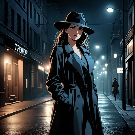 Prompt: Private investigator woman walking down the street (cigarette in side of her mouth, wearing a fedora hat,hand in pockets,trenchcoat),focused gaze - following a suspect, night setting, street lights,street view,dark colors,best quality, ultra-detailed, night tones, street scene, atmospheric lighting