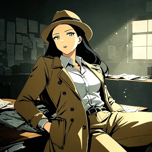 Prompt: (private investigator), (female, wearing a stylish fedora hat, yellow-white stained shirt, pants, classic trenchcoat), sleeping with her hear resting on her cluttered desk, dilapidated office background, moody atmospheric lighting, harsh shadows, crime drama cinematic vibes, ultra-detailed, dramatic tone.