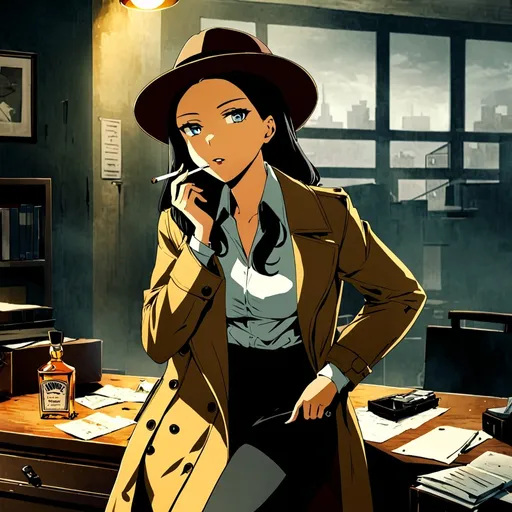 Prompt: (private investigator), (female, wearing a stylish fedora hat, yellow-white stained shirt, pants, classic trenchcoat, cigarette casually perched at the corner of her mouth, focused and determined expression), sitting at her cluttered desk in a vintage office, dilapidated office background, pouring a glass of golden whiskey, moody atmospheric lighting, harsh shadows, crime drama cinematic vibes, ultra-detailed, dramatic tone.