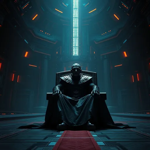 Prompt: Star Trek scene, (man sitting) majestically in a vast, dimly lit room, inspired by (Klingon warlord) theme, (ultra-detailed), vibrant highlights piercing through the gloom, evokes tension and strength, intricate alien architecture in the background, a sense of majesty and power, rich and deep color palette, stunning (4K) quality for powerful visual impact, immersive atmosphere.