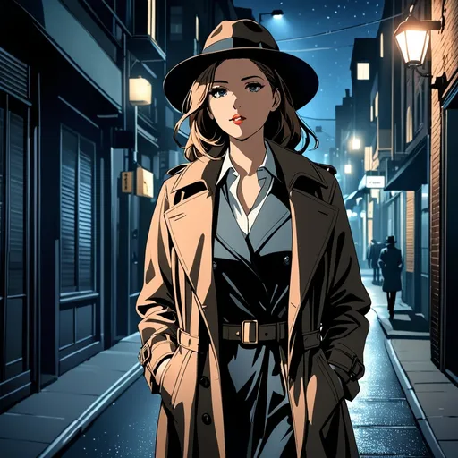 Prompt: Private investigator walking down the street (female with a cigarette in side of her mouth, wearing a fedora hat, one hand in pocket, wearing a trenchcoat), she has a focused gaze - sge is following a suspect, nighttime setting, street lights,dark colors,best quality, ultra-detailed, night tones, street scene, atmospheric lighting