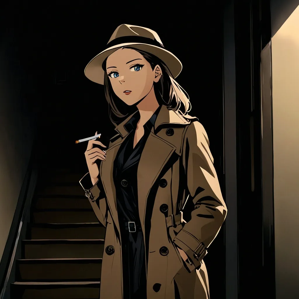 Prompt: Private investigator (female, cigarette in the corner of her mouth, wearing a fedora hat and a trenchcoat) pausing at the foot of a flight of stairs (in an apartment building), she has a focused expression, dim indoor lighting,dark colors,best quality, ultra-detailed, night tones, quiet city nighttime scene, moody lighting