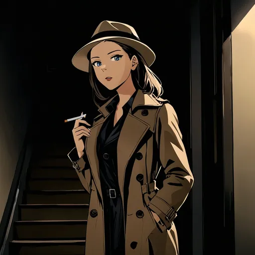 Prompt: Private investigator (female, cigarette in the corner of her mouth, wearing a fedora hat and a trenchcoat) pausing at the foot of a flight of stairs (in an apartment building), she has a focused expression, dim indoor lighting,dark colors,best quality, ultra-detailed, night tones, quiet city nighttime scene, moody lighting