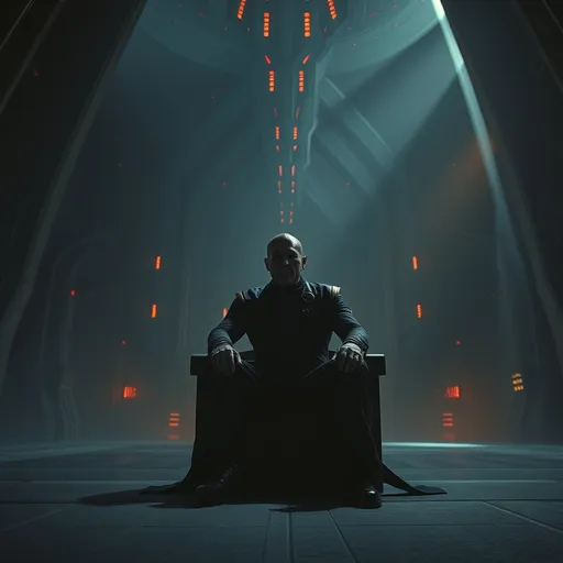 Prompt: Star Trek scene, (man sitting) majestically in a vast, dimly lit room, inspired by (Klingon warlord) theme, (ultra-detailed), vibrant highlights piercing through the gloom, evokes tension and strength, intricate alien architecture in the background, a sense of majesty and power, rich and deep color palette, stunning (4K) quality for powerful visual impact, immersive atmosphere.