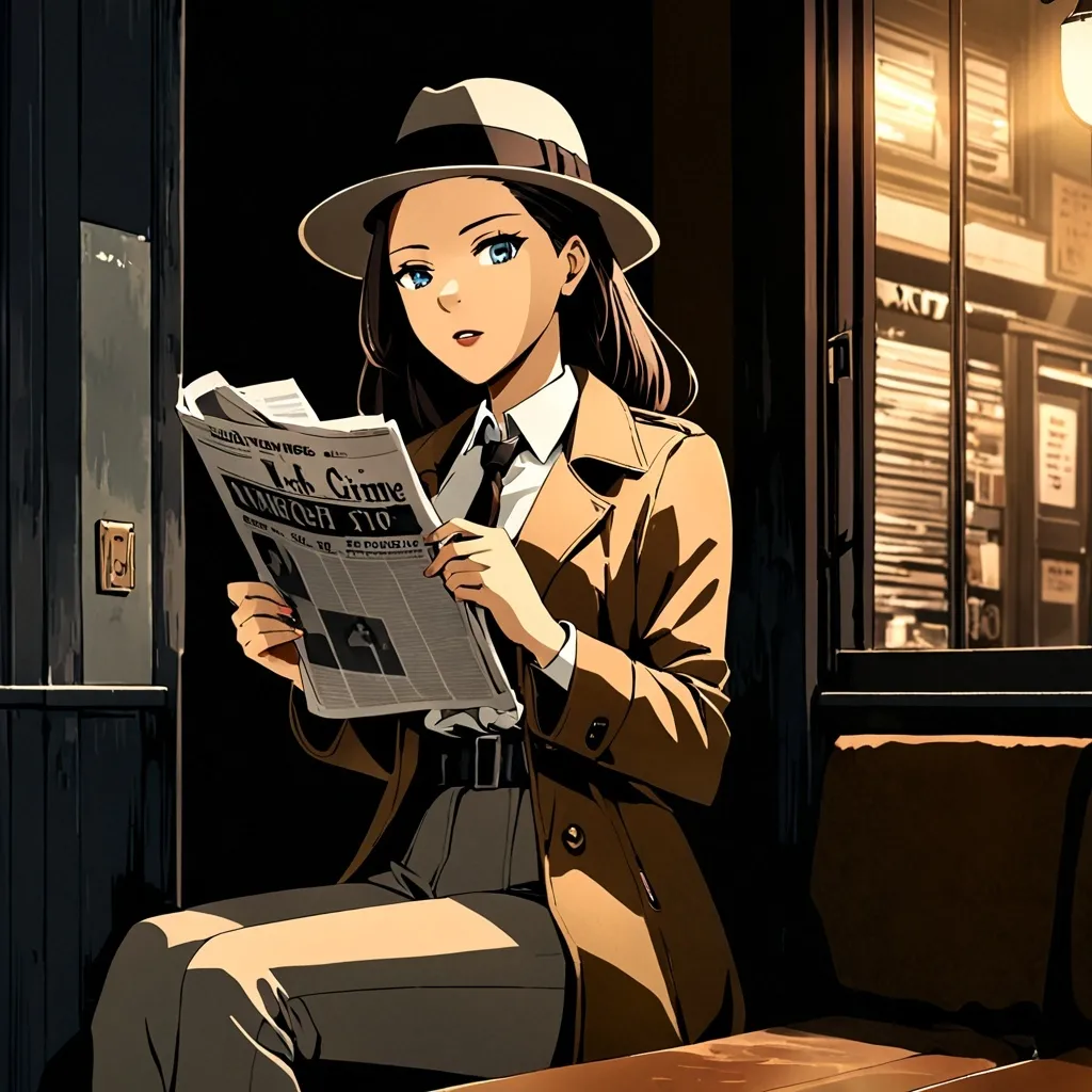 Prompt: Interior shot.
(private investigator) female character seated in a cheap coffee shop window seat, (wearing a fedora hat, white (stained) shirt, pants and trenchcoat), a cigarette dangling from the corner of her mouth, (bored expression) reading a newspaper, rich textures and shadows, high-definition clarity, mysterious ambiance, nighttime setting, deep and moody lighting creating an intriguing atmosphere, ultra-detailed craftsmanship, inviting yet solitary environment, encapsulating a sense of crime drama nostalgia and intrigue.