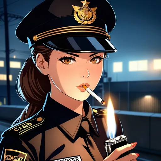 Prompt: Close up shot.
(female security guard), standing outside, (holding a lighter with an unlit cigarette in her mouth), strong stance, confident expression, plain uniform, industrial setting, dim lights in the background, night tones highlighting her features, night ambiance, (HD, ultra-detailed) image, capturing the essence of female dominance.