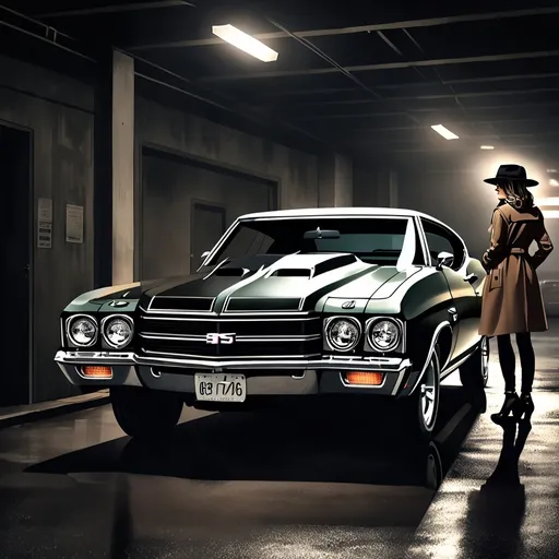 Prompt: (Basement carpark) wide shot, (private investigator) female, (wearing a fedora hat and brown trenchcoat), (removing car cover) 1970 Chevrolet Chevelle SS, dim indoor lighting, dark colors, ambiance of mystery and intrigue, shadows creating a cinematic atmosphere, dramatic night tones, moody lighting, (best quality), (ultra-detailed) realism, capturing the essence of suspense and investigation.