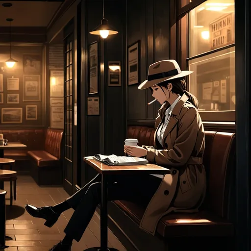 Prompt: Interior wide shot.
(private investigator) female character seated in a cheap coffee shop window seat, (wearing a fedora hat, white (stained) shirt, pants and trenchcoat), an unlit cigarette dangling from the corner of her mouth, (bored expression) reading a newspaper and holdinga cup of coffee, rich textures and shadows, high-definition clarity, mysterious ambiance, nighttime setting, deep and moody lighting creating an intriguing atmosphere, ultra-detailed craftsmanship, inviting yet solitary environment, encapsulating a sense of crime drama nostalgia and intrigue.