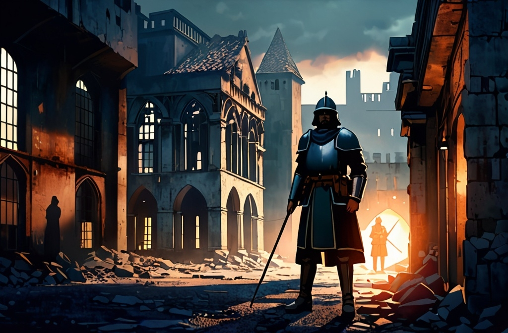 Prompt: Long shot.
City Guards standing outside the walls of a medieval-style city (made in and around abandoned inner city apartment blocks), searching travellers who eish to enter the city, a post-apocalyptic medieval society, high-quality, HD quality, cinematic composition.