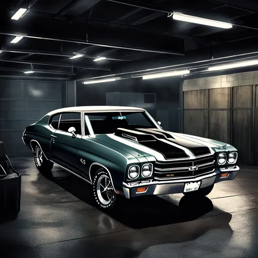 Prompt: (Basement carpark) wide shot.
Private investigator (female, wearing a fedora hat and a brown trenchcoat) is in the office block basement carpark - removing the car cover (1970 Chevrolet Chevelle SS), dim indoor lighting,dark colors,best quality, ultra-detailed, night tones, night-time scene, moody lighting