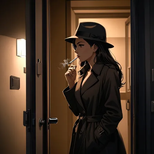 Prompt: Private investigator (female, cigarette in the corner of her mouth, wearing a fedora hat and a trenchcoat) pausing at the door of an apartment loading her handgun (in an apartment building), she has a focused expression, dim indoor lighting,dark colors,best quality, ultra-detailed, night tones, quiet city nighttime scene, moody lighting