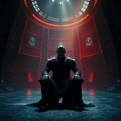 Prompt: Star Trek scene, (man sitting) majestically in a vast, dimly lit room, inspired by (Klingon warlord) theme, (ultra-detailed), vibrant highlights piercing through the gloom, evokes tension and strength, intricate alien architecture in the background, a sense of majesty and power, rich and deep color palette, stunning (4K) quality for powerful visual impact, immersive atmosphere.