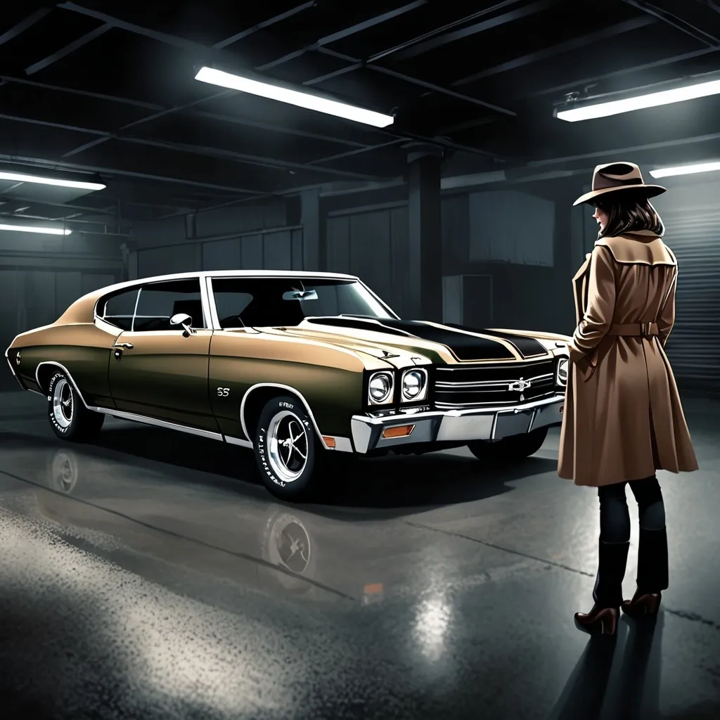 Prompt: (Basement carpark) wide shot, (private investigator) female, (wearing a fedora hat and brown trenchcoat), (removing car cover) 1970 Chevrolet Chevelle SS, dim indoor lighting, dark colors, ambiance of mystery and intrigue, shadows creating a cinematic atmosphere, dramatic night tones, moody lighting, (best quality), (ultra-detailed) realism, capturing the essence of suspense and investigation.