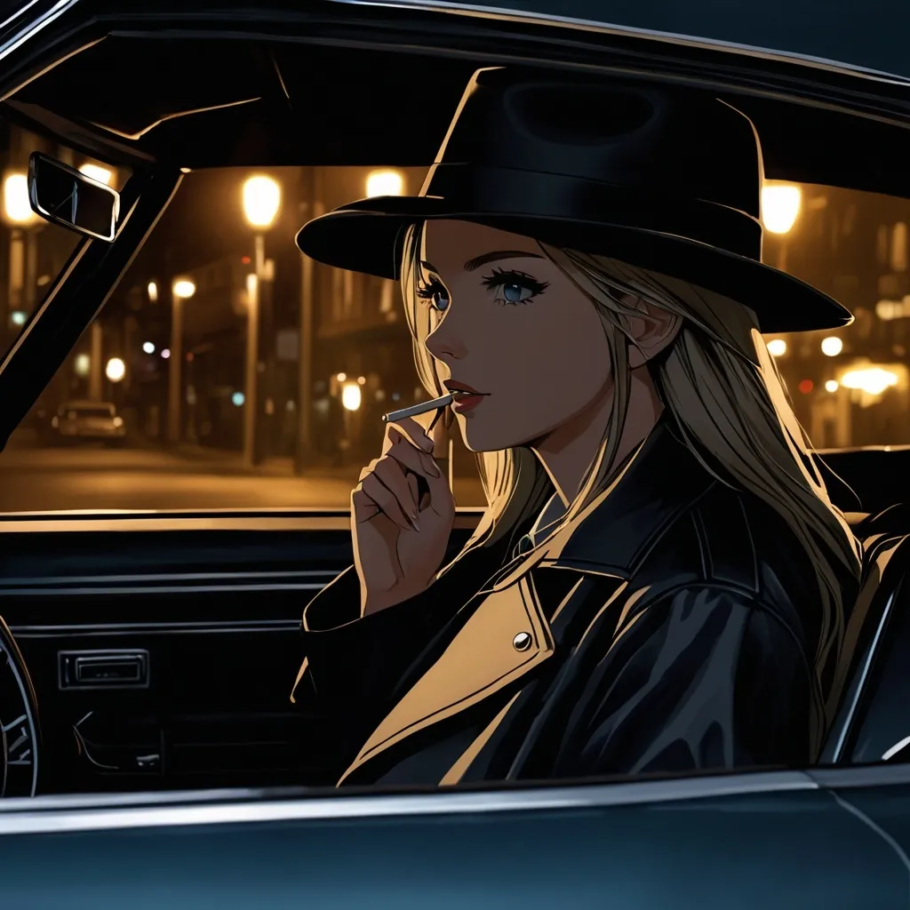 Prompt:  Inside the car shot.
Private investigator (female, cigarette in the corner of her mouth, wearing a fedora hat and a trenchcoat) driving her car (1970 Chevrolet Chevelle SS), dim indoor lighting,dark colors,best quality, ultra-detailed, night tones, quiet city nighttime scene, moody lighting