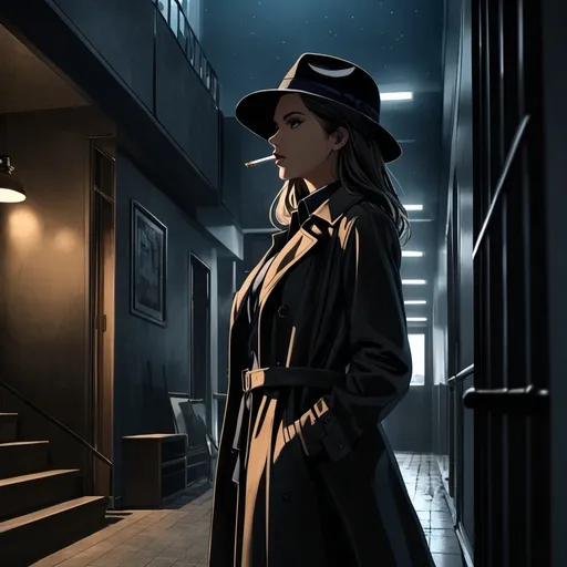 Prompt: Private investigator (female, cigarette in the corner of her mouth, wearing a fedora hat and a trenchcoat) pausing at the foot of a flight of stairs loading her handgun (in an apartment building), she has a focused expression, dim indoor lighting,dark colors,best quality, ultra-detailed, night tones, quiet city nighttime scene, moody lighting