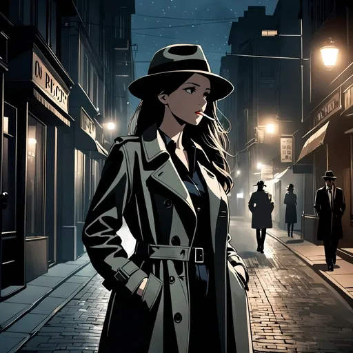 Prompt: Long shot.
Private investigator walking down the street (female, cigarette in the side of her mouth, wearing a fedora hat, one hand in pocket, wearing a trenchcoat), she has a focused expression (she is following a suspect), nighttime setting,  dim street lights,dark colors,best quality, ultra-detailed, night tones, quiet street scene, moody lighting