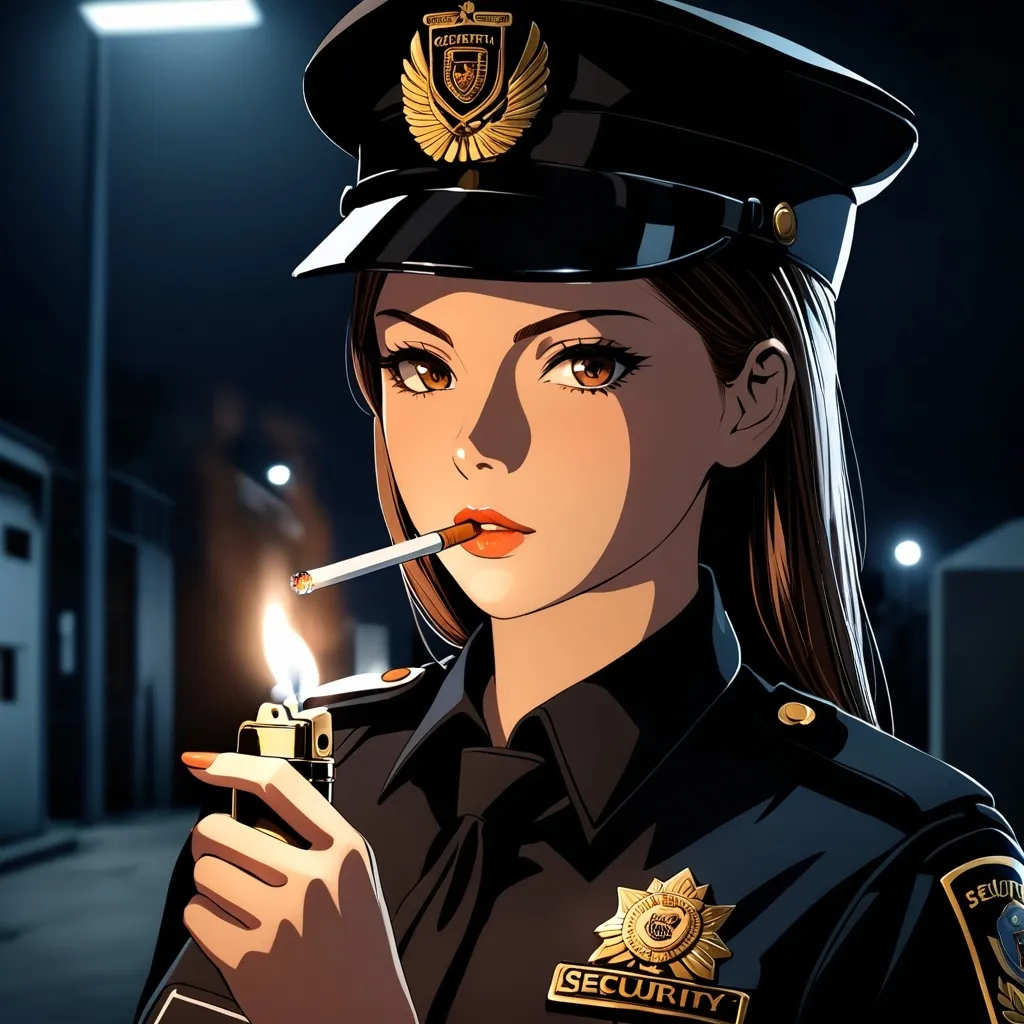 Prompt: Close up shot.
(female security guard), standing outside, (holding a lighter with an unlit cigarette in her mouth), strong stance, confident expression, plain uniform, industrial setting, dim lights in the background, night tones highlighting her features, night ambiance, (HD, ultra-detailed) image, capturing the essence of female dominance.