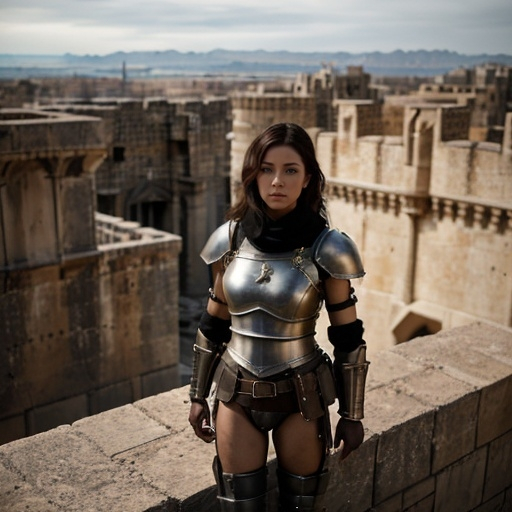 Prompt: Exterior overhead shot, 
Transgender city guard (female, rennaisance-era (dulled) armour style, wearing pants) standing on castle ramparts, overlooking the outskirts of the city, remnants of civilization visible, set in a post-apocalyptic (rennaisance-like) world.