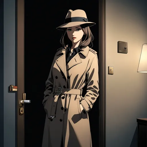 Prompt: Private investigator (female, cigarette in the corner of her mouth, wearing a fedora hat and a trenchcoat, checking her handgun) pausing outside the door of an apartment (in an apartment building), she has a focused expression, dim indoor lighting,dark colors,best quality, ultra-detailed, night tones, quiet city nighttime scene, moody lighting